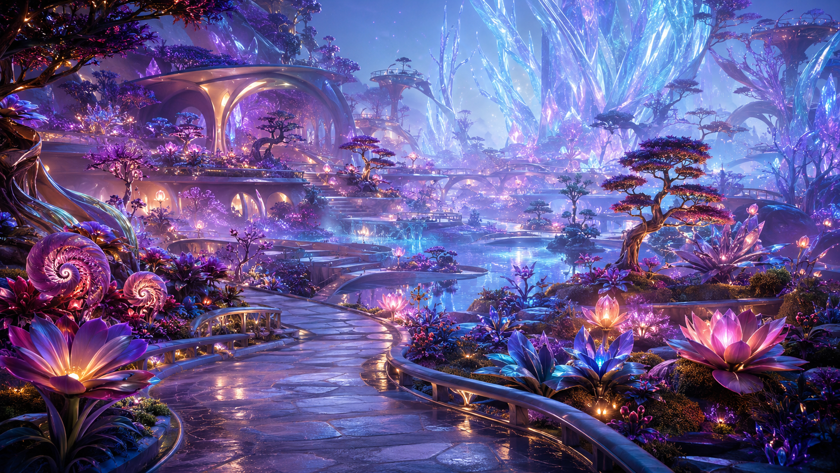 Jardines de Nocrelia con flores luminosas, árboles cristalinos y bonsáis alienígenas